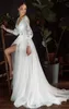 Elegant strand en linje bröllopsklänningar sido delad mössa ärm spets applikation brudklänning svep tåg vestidos de novia anpassad storlek