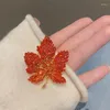 Brooches Exquisite Red Maple Leaf For Women Shiny Rhinestone Plant Pin Corsage Female Party Sweater Coat Jewelry Accessories