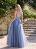 NEW Ocean Blue Hollow Backless Prom Dresses A Line Appliques Sheer Jewel Neck Tulle Long Evening Gowns With Appliques CPS3039