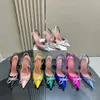 Amina muaddi dress, sandals, satin pointed slingshot bow bow high heels, crystal sunflower high heels, 10cm, women's luxury designer party wedding shoes