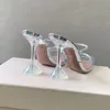 Gilda cristais-embelezados claro PVC mulas chinelos verão deslizamento em dedo do pé apontado de salto alto sandálias de couro prateado designers de luxo sapatos de salto alto