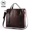 Scione Men's Briefcase Crazy horse PU Leather Handbag Business office File bag Vintage Messenger Bags Casual work Tote1227P