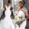 Aso Ebi Wedding Dress for Bride Plus Size Mermaid Sheer Neck Long Sleeves Beaded Appliqued Lace Tiered Tulle Bridal Gowns for African Dubai Nigeria Black Women NW127