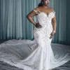 African Arabic Charming Mermaid Wedding Dresses Illusion Full Lace Appliques Crystal Beading Cap Sleeves Chapel Train Formal Bridal Gowns Plus Size BC14476