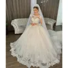 TOUNNINGBRIDE 2024 Princess A-Line Wedding Dress Sheer Jewel Neck Long Sleeve Paljetter Lace Applicques Pärlor Puffy Plus Size Brud Party Gowns