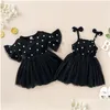 Robes de fille d'été girls filles robe noire polka dots gaze