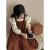 Girls Dress Set 2023 Spring Autumn Fashionable Floral Shirt and Retro Strap Princess Sweet Casual Two Piece 240223