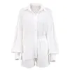 Oco out jacquard nicho francês manga comprida terno camisa 2024 primavera e verão novos shorts casuais design feminino com um toque de branco
