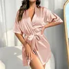 Pijamas femininos vestido de noiva roupão de casamento pijama imitado seda cetim camisola sexy confortável manga média loungewear gelo fresco