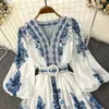 Casual Dresses Spring Summer Dress Women's Fashion Printed Lantern Sleeve High midje V-Neck Single Breasted Mini