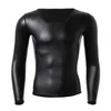 Homens o colarinho manga longa camiseta de couro magro roupa interior shapers corpo cintura trainer espartilhos barriga shapewear fitness camisas de couro 240220