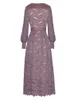 Casual Dresses SEQINYY Purple Midi Dress Summer Spring Fashion Design Women Runway High Street Vintage Lace Hollow Out Long Sleeve Belt