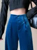 Pantalon Femme CJFHJE Hiver Bleu Velours Élégant Femmes Noir Casual Style Coréen Large Jambe Lâche Mode Haute Taille Pantalon Femme