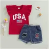 Ensembles de vêtements 4Th de JY Enfants Filles Tenues Lettre Étoiles Stripe Drapeau Imprimer Manches T-shirts Effiloché Denim Shorts 2pcs Vêtements Dr Dh9Ch