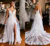 Summer Bohemian Lace Tulle Wedding Dresses A Line Backless Spaghetti Straps Appliques Ruffles Long Bridal Gowns With Front Split Robes de mariage