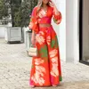 Women's 2023 Summer New Sweet Print V-neck Lantern Sleeve Short Shirt High Waist Wide Leg Pants Two Piece Set