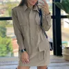 Casual Kleider Mode Frauen Revers Multi-Taschen Hemd Kleid Dame Einreiher Fracht Gürtel Herbst Gerade Langarm Mini