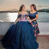 Granatowy błyszczący quinceanera sukienki meksykańska słodka suknia balowa z aplikacji ramion koronkowe Tull Corset vestidos 15 de xv anos