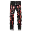 Men's Jeans Punk Style Ripped Letters Fashion Embroidered Mid-waist Stretch Slim Denim Trousers Beggar Pants