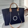 Women Pearl Embroidery Canvas Linen Beach Tote Bag France Luxury Brand Designer Denim Shopping Handbag Lady Chain Strap Large Capacity Vacation Shoulder Bags