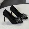 Модельные туфли, женские туфли на высоком каблуке с кружевом и бантом, пикантные пикантные туфли с острым носком, осень 2024, элегантные замшевые роскошные туфли-лодочки, Zapatos Femme на шпильках