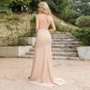 Pearl Pink Split sjöjungfru aftonklänningar 2024 Nya rena juvelhalsapplikationer Backless Long Prom Dress CPS3037