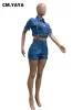 Ensembles CM.YAYA Mode Plus Taille Denim Ensemble Femme Veste à manches courtes et short en jean cargo 2023 Chic Deux 2 pièces Ensemble Tenue Survêtement