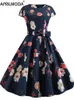 パーティードレスエレガントな1950年代スタイルの女性のためのレトロな夏短いカクテルガウン格子縞のプリントスリーブハイウエストAラインドレス