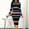 Casual Dresses Waist Design Slim Shape Dress Elegant Striped Midi For Women Fit Long Sleeve Spring Commute Style Round Neck