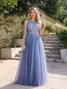 Ocean Blue Hollow Backless Prom Dresses A Line Appliques Sheer Jewel Neck Tulle Long Evening Gowns With Appliques CPS3039