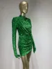 Casual Dresses STOCK Women Sexy Long Sleeve Velvet Green Mini Glitter Sequins Bodycon Dress 2024 Sparkly Stage Performance Costume Party