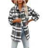 Trench Autumn and Winter Women's Polo Collar Plaid Stripe Contrast Button Flocking Pocket Long Sleeve Cardigan Shirt Jacket Casual Tops