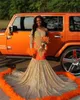 Orange fjädrar tränar gyllene strass prom svartgirl sjöjungfest party klänning kvinnor elegant se genom formella klänningar