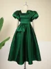 Puff Sleeve Ball Gown Dresses Plus Size Elegant Ladies High Waist Pleated Dark Green Ruffles Shiny Midi Evening Party Outfits 240219