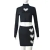 Work Dresses Women Love Shape Water Diamond Hollow Out Dress Sets Two Piece Sexy Long Sleeves Crop Top Mini Skirt Suits Party