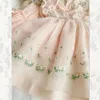 Meisjesjurken Organza Geborduurd Roze Jurk Meisjes Baby Bloemblaadjesmouwen Zomer