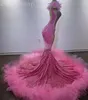 2024 Aso Ebi Dark Pink Mermaid Prom Dress Feathe Beaded Crystals Evening Formal Party Second Reception 50th Birthday Engagement Gowns Dresses Robe De Soiree ZJ78