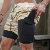 Shorts de corrida 2 em 1 masculino, calções de treino camuflados para treinamento, yoga, academia, roupas esportivas, calças curtas com telefone