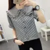 Camicia Camicetta Camicia da donna Estate Nero Bianco Maniche corte Plaid Donna Top allentato Cappotto arricciato Blusas Mujer De Moda