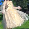 Festklänningar lolita fairy klänning sommar japanska söta flickor netto garn båge spets fjäder lotus löv krage långärmad prinsessa