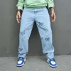 Fashions hilovable nya casual jeans för män amerikansk trend lösa passande byxor high street wide ben byxor för män