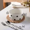 Bowls Hepburn Wind Ears Ball Handle Cute Bowl Proy Spoon Fork مجموعة من 3 INS الأدوات المائدة المنزلية وعاء الموجة الأخت الناعمة.