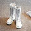 Botas menina inverno joelho-alto laço-up estilo punk crianças bota zíper preto branco 27-37 couro pu elegante all-match crianças sapatos