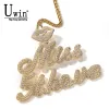 Necklaces UWIN Custom Lips Clasp Brush Script Letter Pendant Two Tone DIY Name Micro Paved CZ Baguette Chain Necklace Hiphop Jewelry