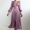 2024 Printemps et Automne Femmes Européennes et Américaines Jupe Longue Col en V Transfrontalier Vente Chaude Commerce Extérieur Satin Court Taille Robe Rétro Femmes