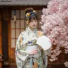Этническая одежда 2024, женское традиционное японское кимоно с зеленым цветочным принтом, летняя юката, сценическая одежда для косплея