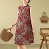 Roupas étnicas 2024 Chinês Tradicional Cheongsam Vestido Vintage Algodão Linho Sem Mangas Qipao Nacional Flor Impressão Oriental