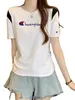 Camiseta feminina de manga curta Champion Captain, verão, grande, fina, solta, meia manga, reduz a idade, mostra o peso, algodão puro, bordado, top moderno