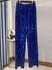 Pantalon Femme RDMQ 2024 Femmes Taille élastique Paillettes Large Jambe Y2K Pantalon Brillant Lâche Slim Pleine Longueur High Street Casual Droite