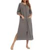 Dress Rubehoow House Dresses For Women Zipper Front Robes Half Sleeve Bathrobe Full Length Soft Cotton Duster Coat With Pockets